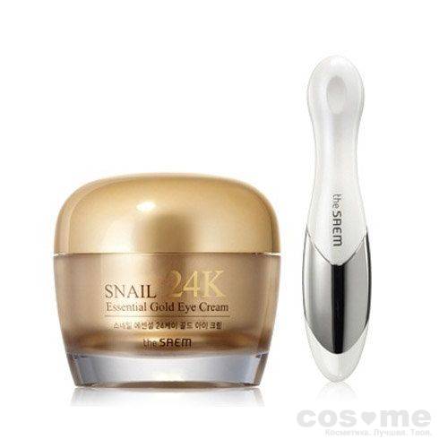 Крем для кожи вокруг глаз с муцином улитки и вибромассажер The Saem Snail Essential EX 24K Gold Eye Cream Set — COS ❤️ ME.RU