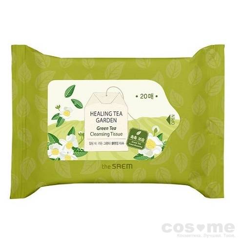 Салфетки очищающие с экстрактом зеленого чая The Saem Healing Tea Garden Green Tea Cleansing Tissue Очищающие салфетки для лица.